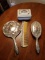Silver brush comb set and porcelain dresser box