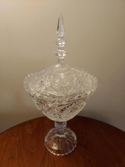 15 inch tall lidded cut glass covered dish