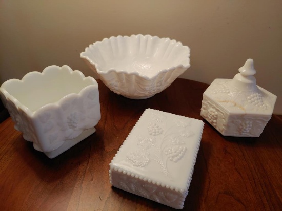 Four pcs milkglass.  Westmoreland and Imperial.