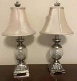 Pr 20 inch silver tone and glass boudoir lamps