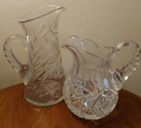 Pair pitchers.  Cut glass. 11 in and 8 in