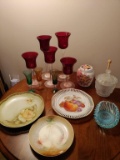 German plates, honey pot, stemware