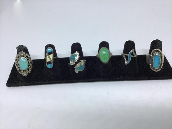 6 sterling and turquoise rings