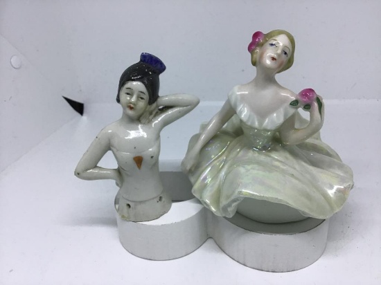 Porcelain half doll,  curtsy lady dresser lid