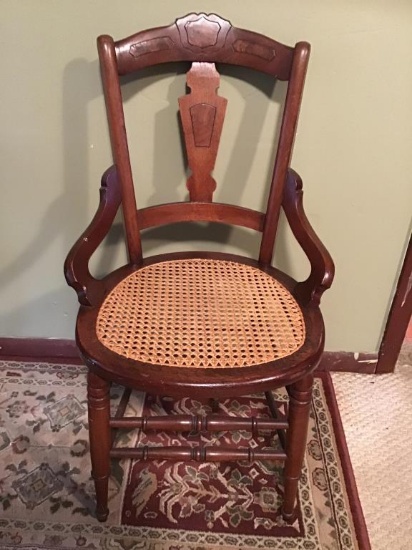Antique Cane Bottom Chair. Burled Inlay.