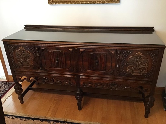 Italian Carved Oak Sideboard. With Glass