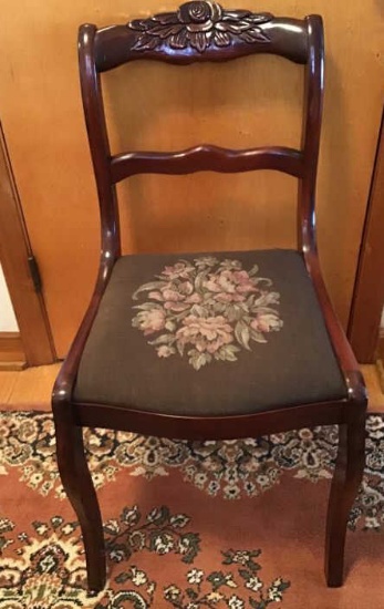 Carved Back Needlepoint Seat Side Chair