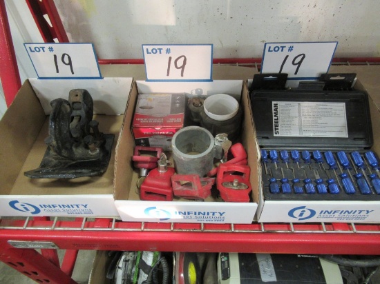 LOT 3 BOXES OF TRAILER HITCH, TRAILER LOCKS, SMALL TOOLS