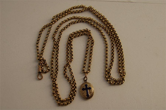 9ct Gold Muff Chain with Mourning Locket set Blue Enamel Cross L 74cm appro