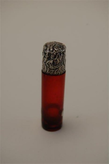 Small Victorian Cranberry Perfume Bottle Silver Top London 1887 maker CB Sl