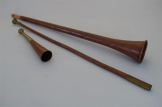 Copper and Brass Hunting Horn Together With a Smaller Horn