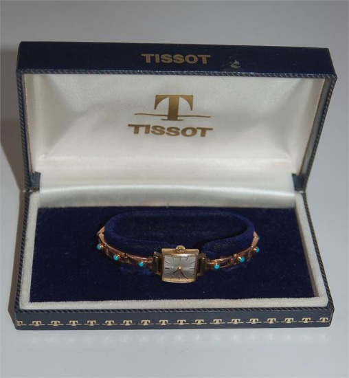 Vintage Tissot Ladies 9ct Gold Cocktail Watch Turquoise Cabochon Set Rose G