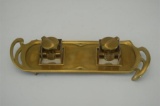 Art Nouveau Cesky Brass Desk Companion Original Glass Inkwells  L 32cm x W