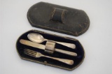 Boxed Silver Christening Set Birmingham 1914 Spoon Fork Knife and Serviette