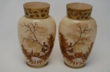 Pair Hand Painted Victorian Milk Glass Vases 26cm High