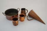 Collection of Copper Items Including Jug Funnel Two Tankards and a Two Hand