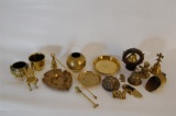 Collection of Small Brass items including a Candle Snuffer Match Box Holder