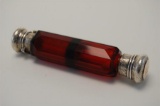 19th Century Double Ended Cranberry Perfume Bottle Engraved Silver and Gold