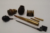 Various Militaria Items including Hand GrenadesBayonet WWI Fuse with Time M