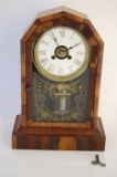 19th  20th Century Striking American Mantle Alarm Clock Glazed Gilded Glass
