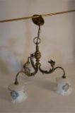 Art Nouveau Three Branch Brass Chandelier With Three Milk Glass Shades With