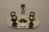 Silver Plate Decanter With four matching Stem Cups on a Tray