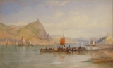 THOMAS SEWELL ROBINS 1814  1880 View of Lake Town and Boats Watercolour Sig
