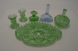 Art Deco Green Glass Dressing Table Set  Blue Glass Perfume Bottle Six in A