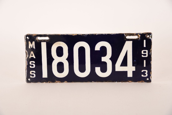 Massachusetts 1913 Porcelain License Plate