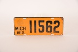 Michigan 1912 Porcelain License Plate