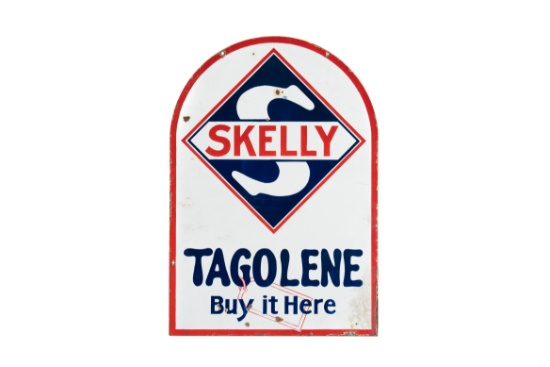 Skelly Tagolene Gasoline Porcelain Tombstone Sign