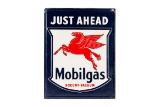 Mobil Gas Just Ahead Embossed Tin Sign