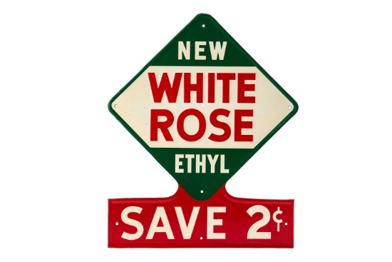 New White Rose Ethyl Save 2 Cents Tin Sign