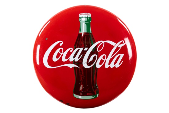 Coca-cola Porcelain Button Sign With Bottle