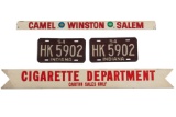 Lot Of License Plates & Wood Cigarette Signs 