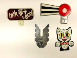 Lot Of 4 License Plate Toppers & Badge Hi'Ya Boy, Cat, Goodrich Silvertown