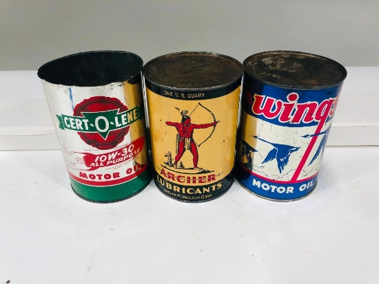 Lot of 3 various quart cans Wings Archer Certolene