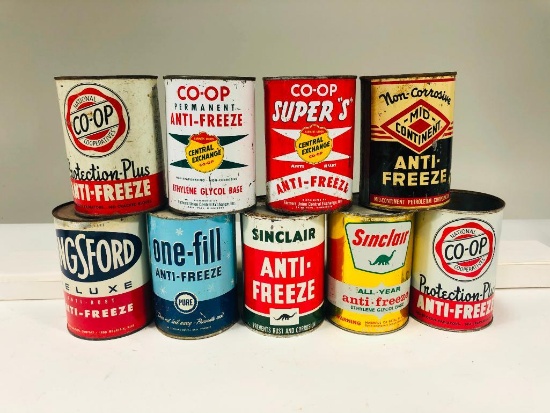 Lot of 9 various anti freeze cans Co oP Sinclair Mid Contitnent