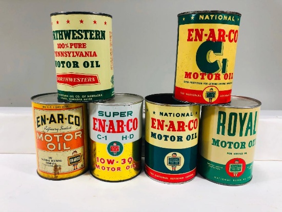 Lot of 6 various Enarco National Refining Co quart oil cans