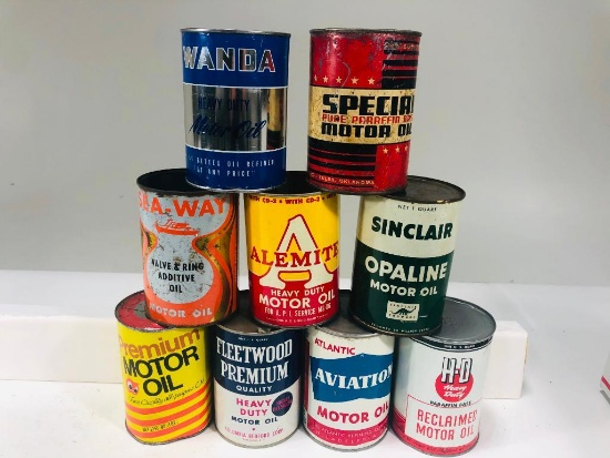 Lot of 9 various quart oil cans Sinclair Atlantic Wanda