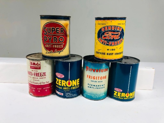 Lot of 6 various anti freeze quart cans Ford Firestone Pyro