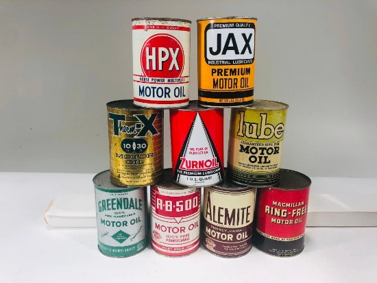 Lot of 9 various quart oil cans HPX Jax Greendale