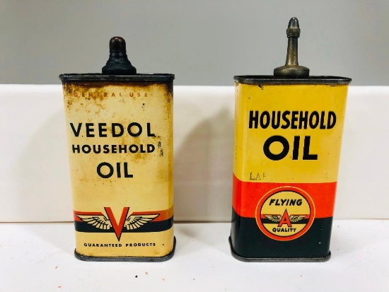 Pair of Veedol and Flying A lead top handy oilers