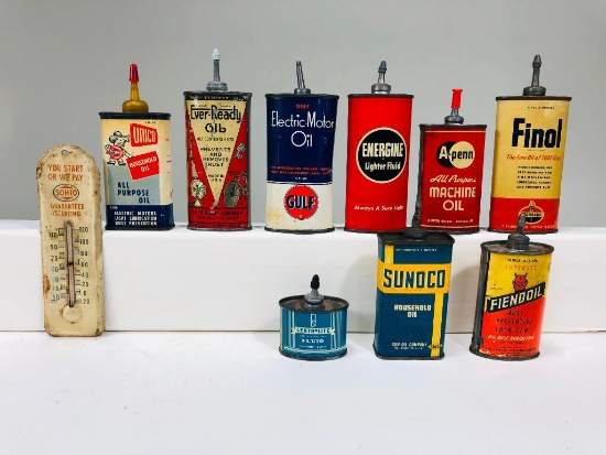 Lot of 9 various handy oilers and Sohio thermometer