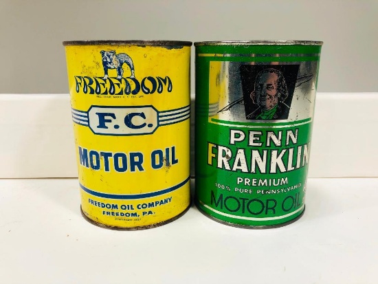 Lot of 2 graphic quart oil cans Freedom and Penn Franklin
