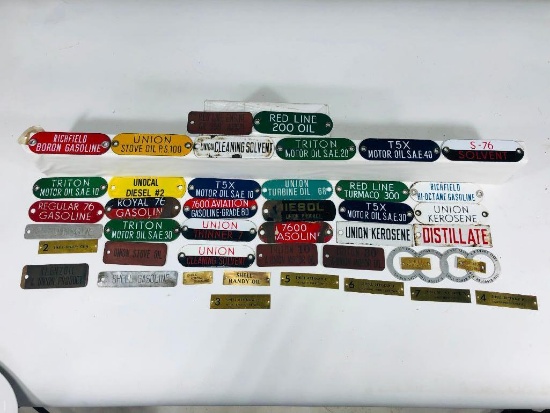 Lot of 46 various brass, porcelain, and metal tags