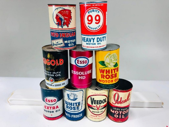 Lot of 9 various Canadian quart oil cans Veedol Red Indian White Rose