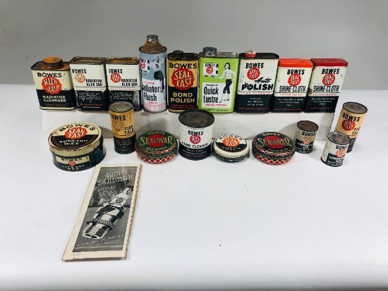 Lot of 17 various Bowes tins and cans with one paper advertisement