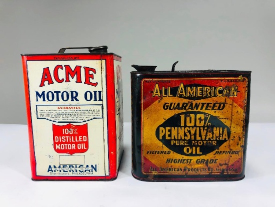 Lot of 2 different two gallon oil cans All American Acme