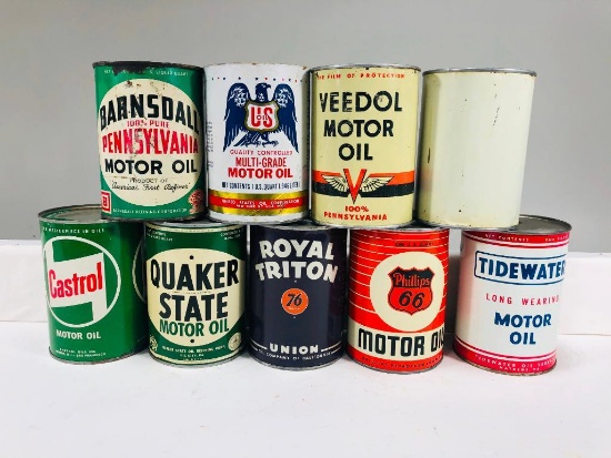 Lot of 9 various quart oil cans Barnsdall Phillips 66 Veedol